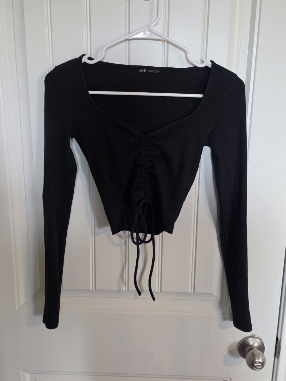 ZARA Womens S Black Ribbed Crop Top Long Sleeve Ruched Front Drawstring Y2K